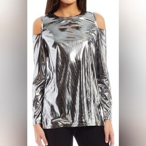 Michael Kors Slick Foil Cold Shoulder Gun Metal Metallic Silver Top  Size M